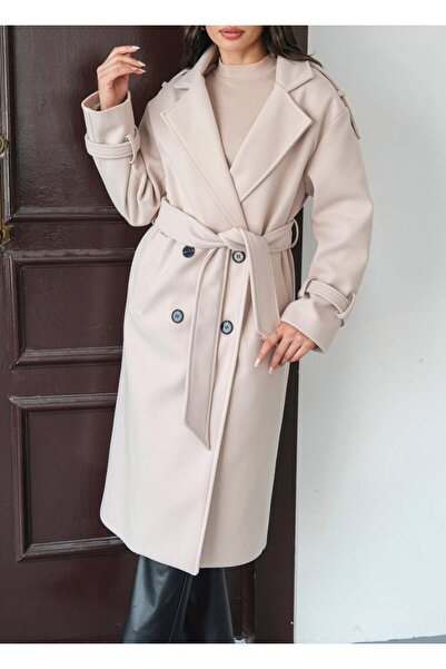 Store Kadın Premium Oversize İthal Modern Taş Rengi Kaşe Kaban