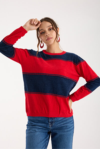 Clothes Fast Women's Red-Navy Two-Tone Cross Contrast Stitch Detail Chenille Velvet Knitwear Blouse