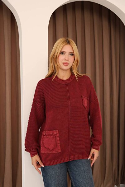 AYASOFYA OTANTIK Women's Burgundy Oversized Casual Cotton Knit Sweater Blouse with Pocket and Vintage Detail
