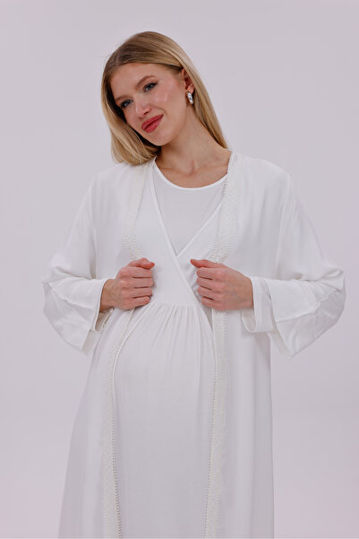 Lohusa Homewear Set de cămașă de noapte pentru femei, ecru, cu guler dublu, c...