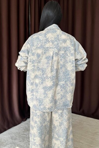 Kanonik Education    Blue Leopard Patterned Jacket and Trousers Linen Set