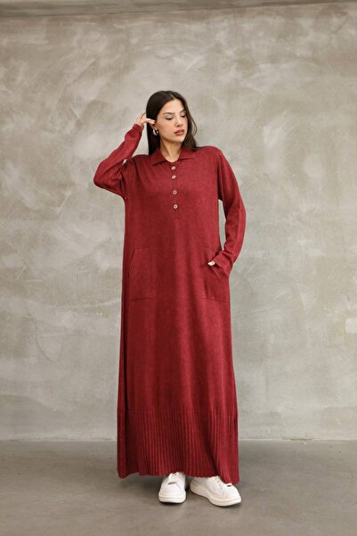 AYASOFYA OTANTIK Women's Burgundy Buttoned Shirt Collar Long Sleeve Distressed Detail Loose Cotton Knit Long Dress