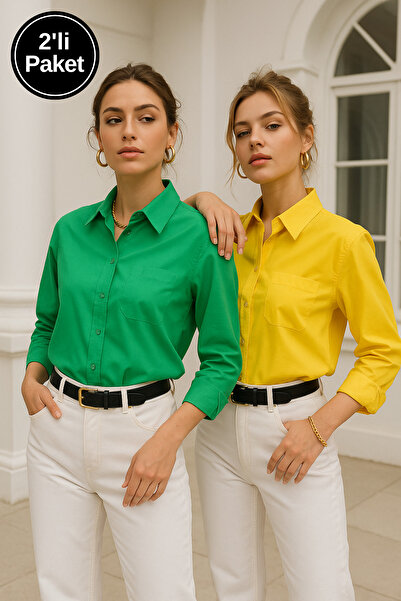 Rich Women's Yellow-Green 2-Pack Poplin Pocket Detailed Shirt