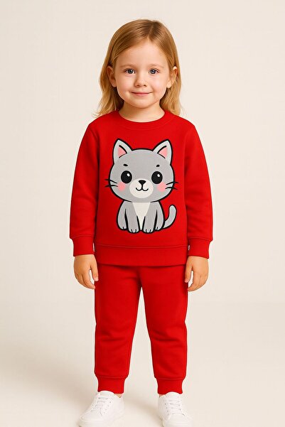 MODA Kışlık Kız Erkek Çocuk Eşofman Takımı kedi BASKI 3 4 5 6 7 8 9 10 11 12 yaş Unisex