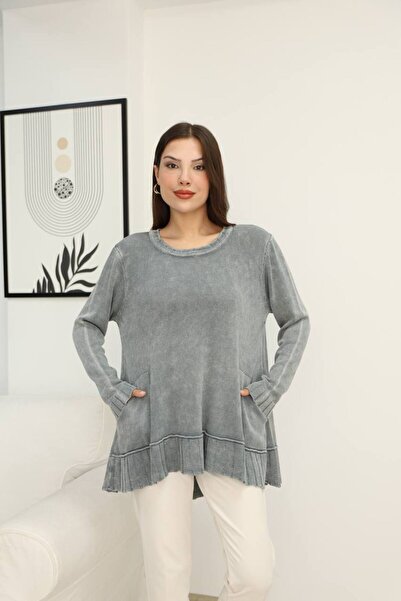 AYASOFYA OTANTIK Women's Gray Pocketed Vintage Detailed Oversize Loose Cotton Knit Sweater Blouse