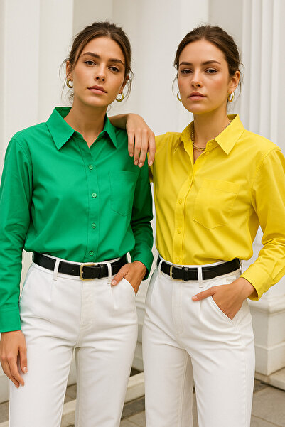 Rich Women's Yellow-Green 2-Pack Poplin Pocket Detailed Shirt