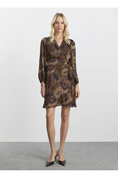 Selen Kruvaze Yaka Desenli Kahve Standart Kadın Elbise 25KSL7703