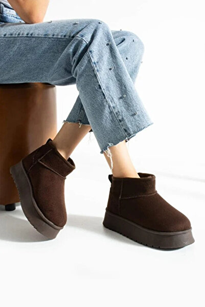 E&C Suede Women's Winter Home and Outdoor Boots Slippers Ug Model High Thick Soled Winter Wool Inside Furry