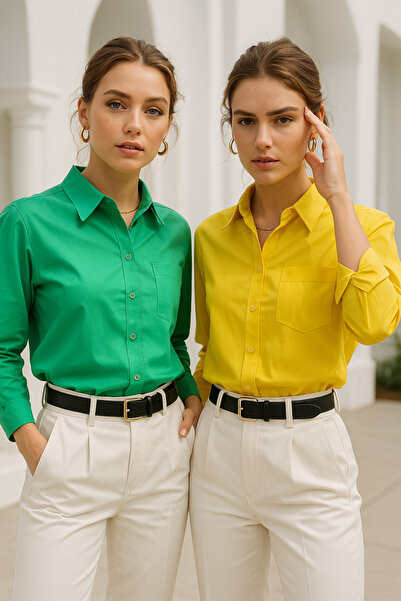 Rich Women's Yellow-Green 2-Pack Poplin Pocket Detailed Shirt