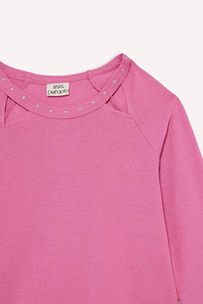 DeFacto Κοριτσίστικο μπλουζάκι εφαρμοστό με λεπτή εφαρμογή με πέτρινο λαιμόκοψη κοτλέ πλέξη ριμπ μακρυμάνικο μπλουζάκι G2550A825AU