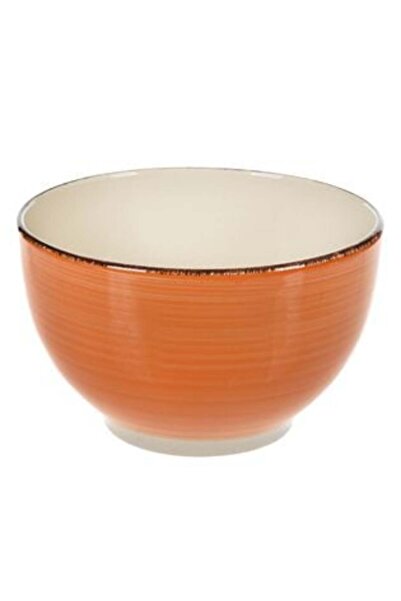 SHOPIENS Ceramic Bowl Orange Beige with Horizontal Stripes & Brown Rim 850 ml