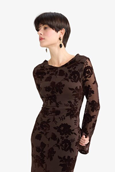 DeFacto Skinny Fit Çiçek Desenli Tül Uzun Kollu Maxi Elbise G2940AX25AU