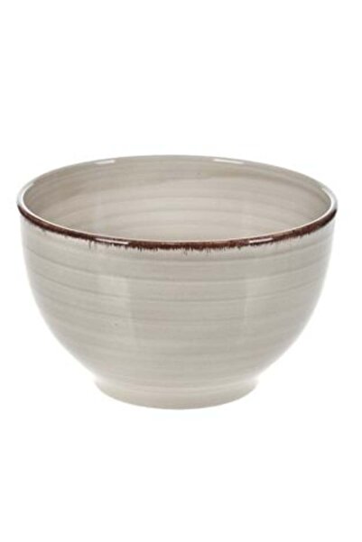 SHOPIENS Ceramic Bowl Beige with Horizontal Stripes & Brown Rim 850 ml