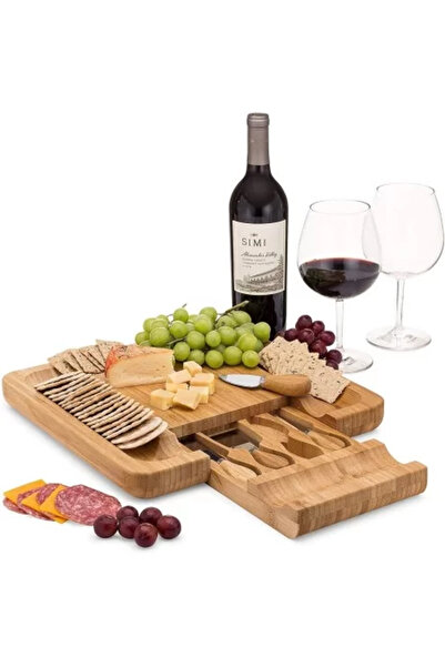 OEM Bambusový servírovací tanier so 4 špeciálnymi nožmi na syr, hnedý, 33 x 33 x 3,8 cm