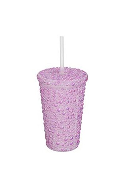 SHOPIENS Pahar de plastic cu design de mărgele liliac, pai și capac 500 ml