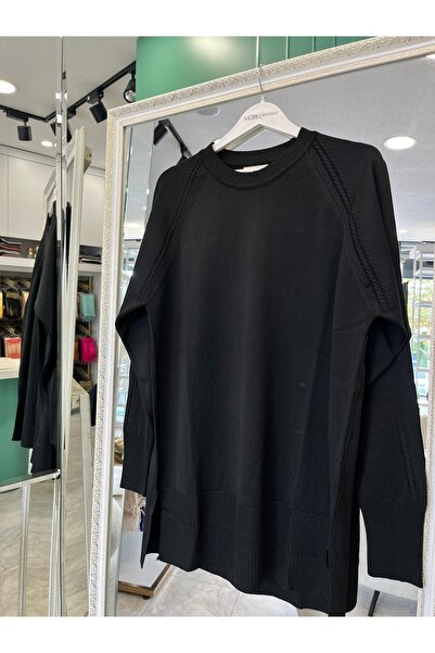 MERAM BUTİK Adn Thin Knit Tunic with Hair Braiding - Black - 1