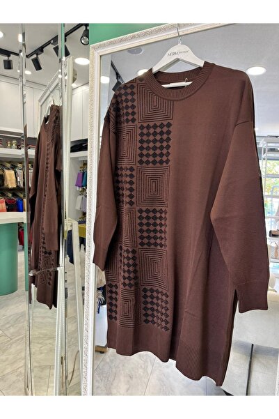 MERAM BUTİK Adn İnce Tri̇ko Tuni̇k Si̇mli̇ - Aci Kahve - 1