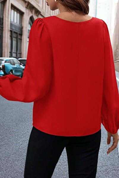 Mossta Long Sleeve Drop Detail Imported Crepe Blouse - Red