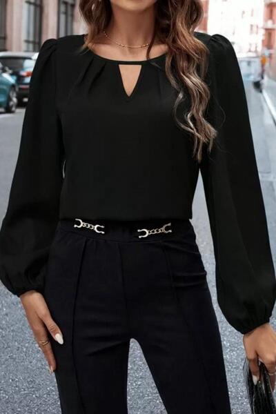 Mossta Long Sleeve Drop Detail Imported Crepe Blouse - Black