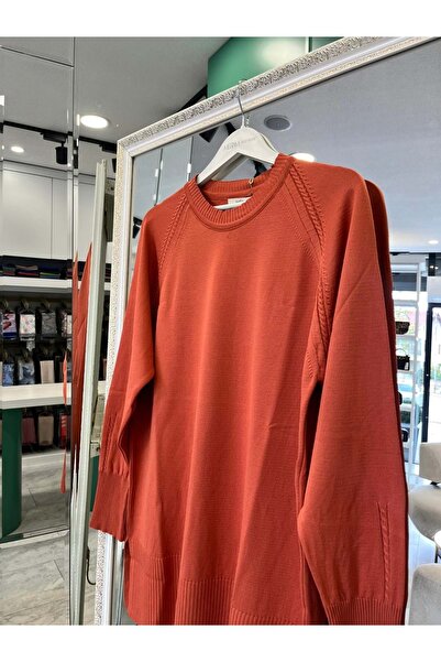 MERAM BUTİK Adn Thin Knit Tunic with Hair Braiding - Orange - 2