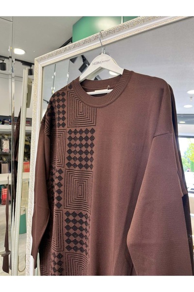 MERAM BUTİK Adn İnce Tri̇ko Tuni̇k Si̇mli̇ - Aci Kahve - 1