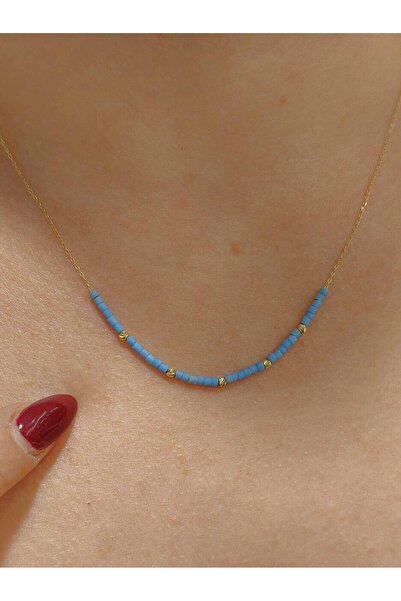 nasipkuyumcu 14 SIRALI MAVİ BONCUKLU TARZ ALTIN KOLYE KLY00163