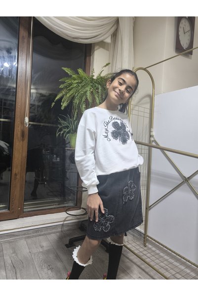 Şimo Butik Eid Girls' Denim Skirt Set (Sweatshirt + Short Denim Skirt with Elastic Waist) Floral Smoked