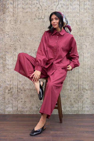 KÜÇÜĞÜM BUTİK Burgundy Poplin Shirt and Pleated Poplin Trousers Two-Piece Set (Shirt-Trousers)