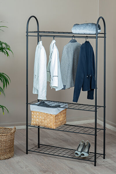 EVLE Metal Ayaklı Askılık, 4 Raflı Elbise Askılığı, Yatak Odası Antre için Modern Açık Gardırop