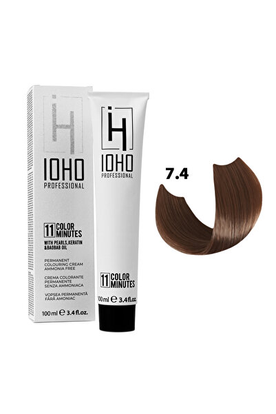 Ioho Professional Hair Dye 7.4 Permanent Without Ammonia - Color 11 Minutes Light Golden Copper -