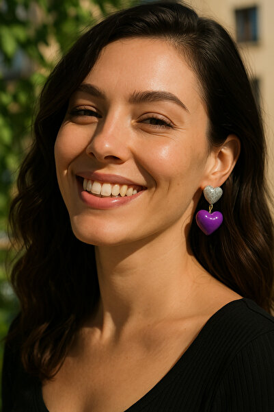 Atölye Myth Deep Love Gri Simli Mor Kalp Sallantılı Özel Tasarım Küpe - Şık Ve Gösterişli