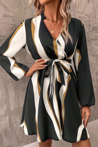 Mossta Double Breasted Collar Patterned Short Modal Dress - Black