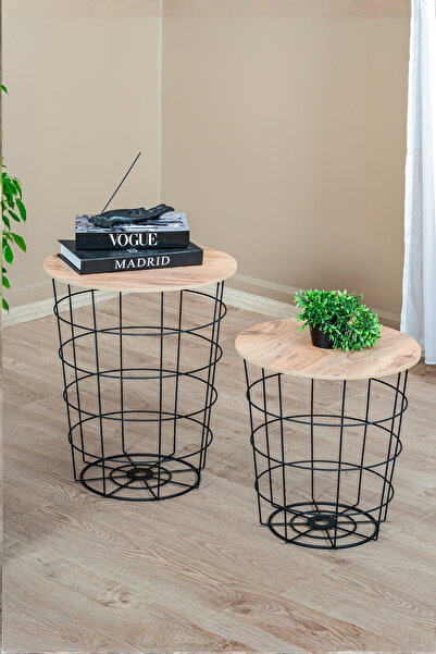 EVLE Dekoratif Metal Tel Sepet Zigon Sehpa Takımı, 2'li İskandinav Tarzı Ahşap Kapaklı Orta Sehpa