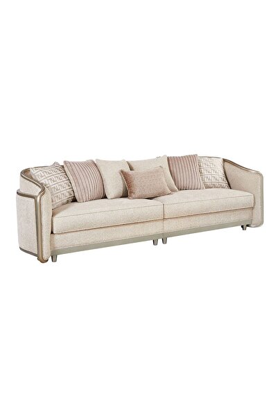 Danube Home Arwanda 4-Seater Fabric Sofa - Beige/Brown, Solid Wood, 2-Year Warranty, 6 Cushions Included