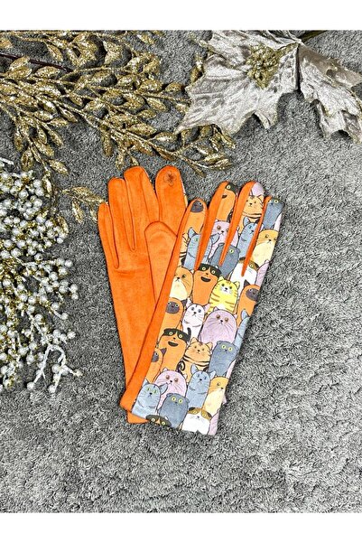 Intisimo Women's Gloves, Velvet, Luxury, Touchscreen, One-Size, Cats, Orange