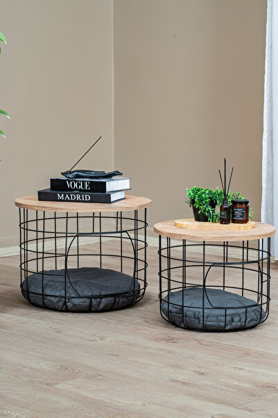 EVLE 2'li Kedi Yuvalı Sepet Sehpa Takımı, Minderli Metal Orta Sehpa, Ahşap Tablalı Kedi Yatağı