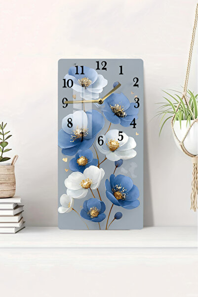 kutuTR Mavi Beyaz Çiçek Desenli Temperli Cam Tablo Saat 30×60 cm HD UV Baskı–...