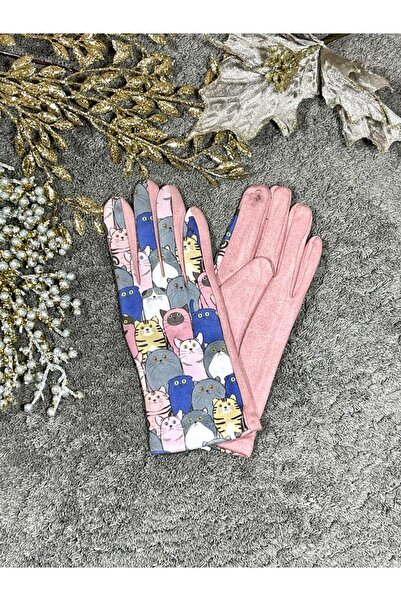 Intisimo Women's Gloves, Velvet, Luxury, Touchscreen, One-Size, Cats, Pink