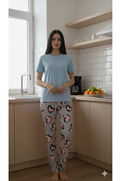 Kışlık Polar Gri Kalp desenli Pijama Tek Alt (peyik - ilave Ağlı )