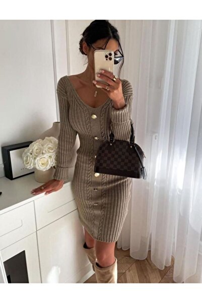 FASİON Düğme Detaylı Triko Elbise