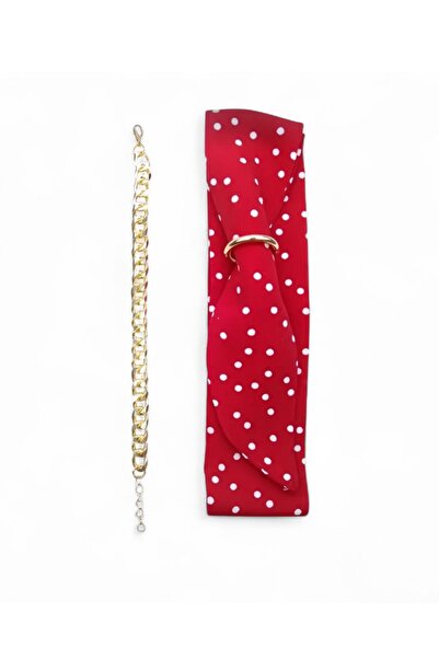 maia Red and White Polka Dot Patterned Fabric Bracelet – Gold Color Chain Detail