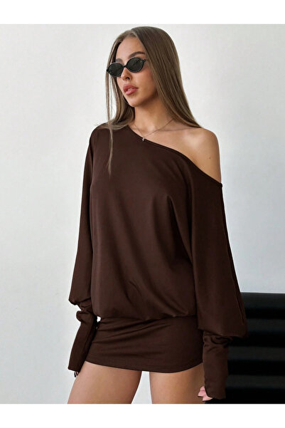 npLStore Rochie mini elegantă pentru femei, cu decolteu asimetric, cu mâneci ...