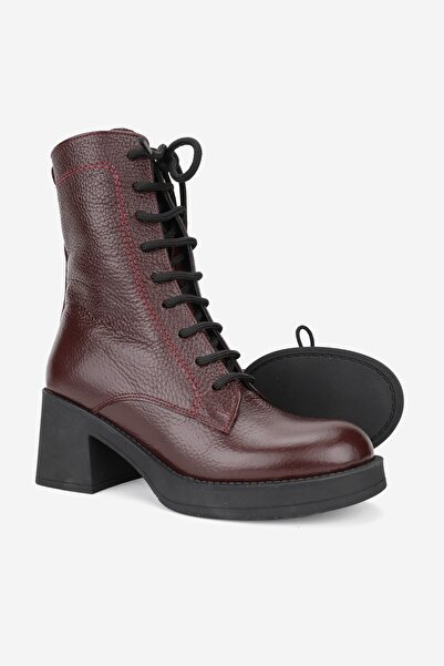 TUNAELLİ KADIN BORDO HAKİKİ DOĞAL DERİ ORTA TOPUKLU BAĞCIKLI BOT & BOOTİE