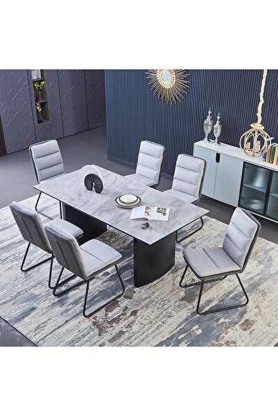 Danube Home Arseni 1+6 Dining Set - Elegant Grey Sintered Stone Table & 6 Comfortable Chairs, Durable Design