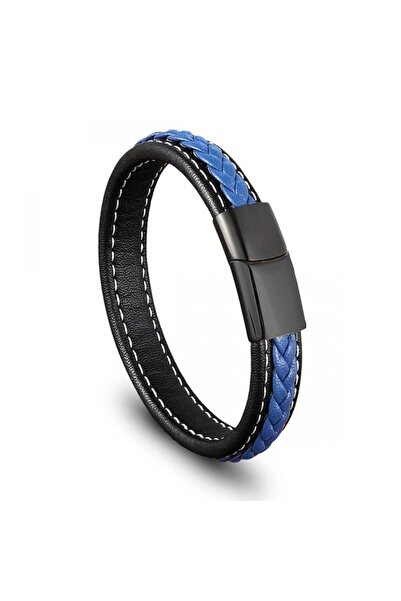 FM Navy Blue & Black Hair Braided Leather and Steel Bracelet 31833B8D11