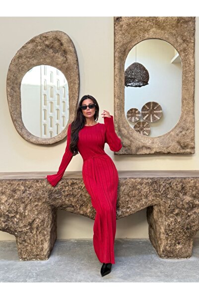 LE CARAMBOLE Women's Red Self-Belted Spanish Sleeve Knitwear Dress