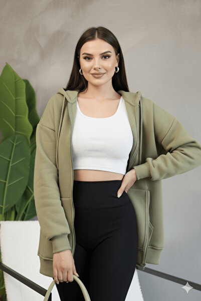 cemo Kadın Genç Unisex Cepli Kapüşonlu Fermuarlı Sweatshirt Hırka