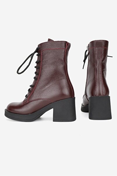TUNAELLİ KADIN BORDO HAKİKİ DOĞAL DERİ ORTA TOPUKLU BAĞCIKLI BOT & BOOTİE
