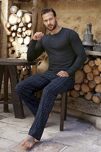 Aydoğan Чоловічий модальний піжамний комплект з довгими рукавами 3349 Синій02