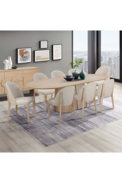 Danube Home طقم طعام كانسو، مقعد واحد + 8 مقاعد، مصنوع من خشب البلوط الطبيعي، بلمسة نهائية بنية، يتضمن طاولة و8 كراسي